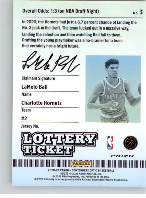 2020 21 Panini Contenders Optic Lottery Ticket 3 LaMelo Ball NM MT