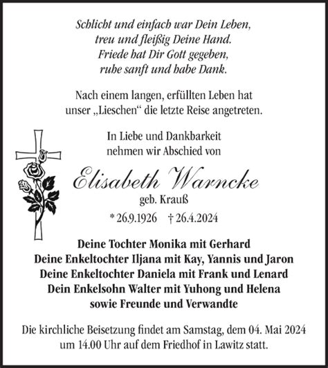 Traueranzeigen von Elisabeth Warncke Märkische Onlinezeitung Trauerportal