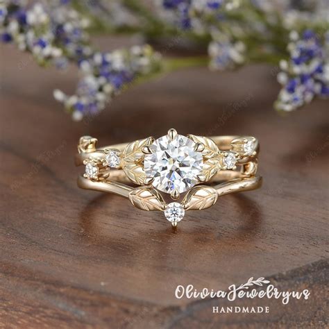 Vintage Style Moissanite Engagement Ring Set 2pcs Unique Leafy Ring ...