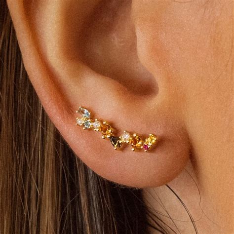 Colorful Climber Earrings Cz Ear Climbers Ear Crawlers Gold Etsy