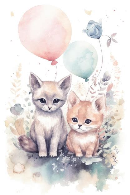 Premium Ai Image A Watercolor Painting Of Two Cats With Balloons