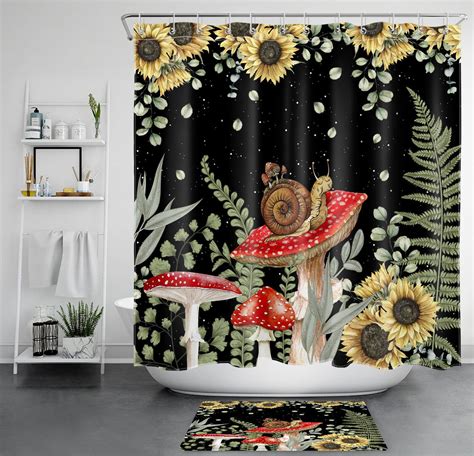 Black Sunflower Shower Curtain Set With Botanical Mushroom Design For