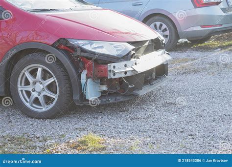 Side View Of A Red Car Without A Front Bumper Stock Photo Image Of