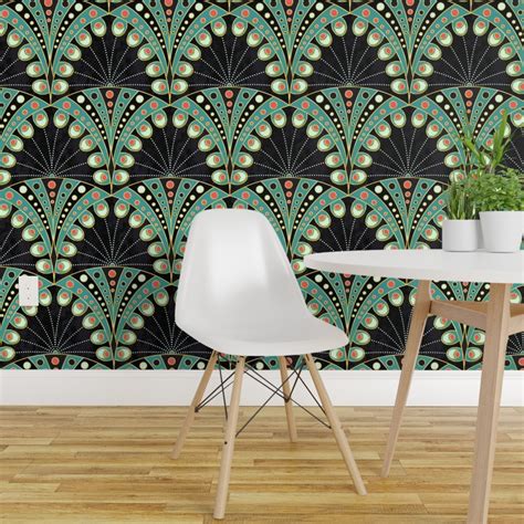 Pre Pasted Wallpaper 2ft Wide Peacock Feather Art Deco Art Nouveau Geometric Boho Bohemian