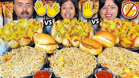 No Hands Vs One Hand Vs Two Hands Eating Challenge Panipuri Burger