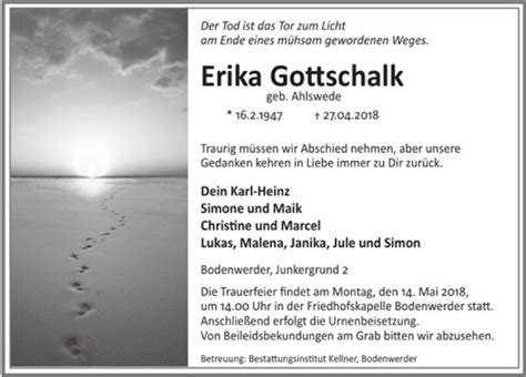 Traueranzeigen Von Erika Gottschalk Trauerportal Ihrer Tageszeitung