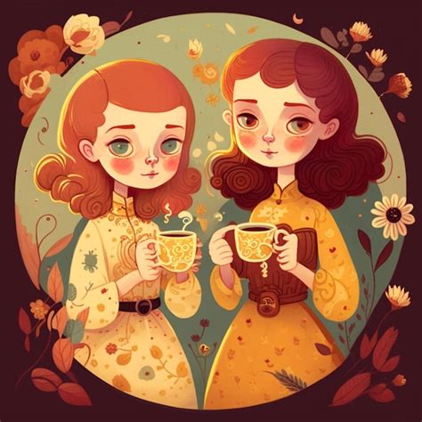 Una caricatura de dos niñas sosteniendo tazas de té y las palabras té