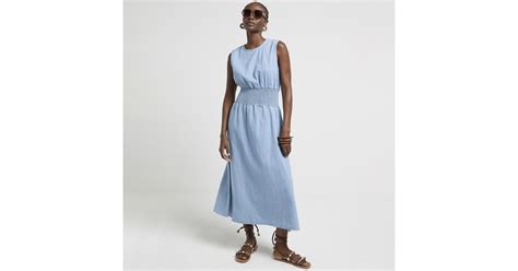 River Island Denim Shirred Waist Skater Midi Dress In Blue Lyst Uk