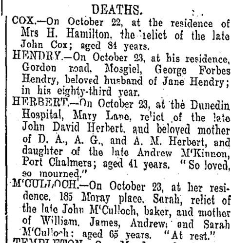 Deaths Otago Daily Times 24 10 1907 Record Digitalnz