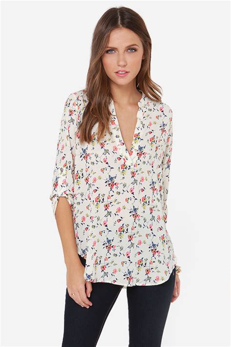 Cute Floral Print Top Cream Top V Neck Top 37 00 Lulus