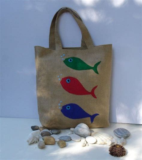 Fish Summer Jute Tote Bag Appliqued With Three Fish Handmade