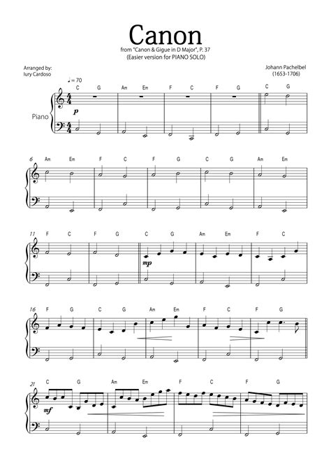 Canon By Pachelbel Easy Version For Piano Solo Arr Iury Cardoso Partitions Johann