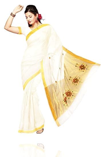 Buy Unnati Silks Women Pure Handloom Kerala Kasavu Cotton Onam Cream