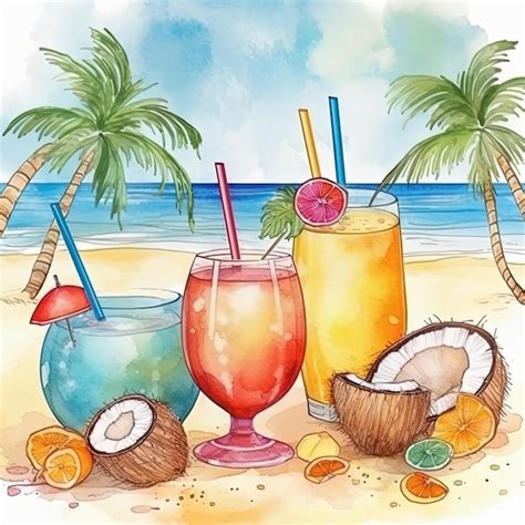 Premium Ai Image Tropical Cocktails On Beach With Colorful Sea