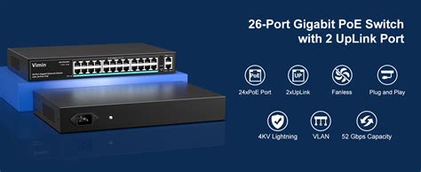 VIMIN 24 Port Gigabit PoE Switch With 2 Uplink Gigabit Ports 26 Port