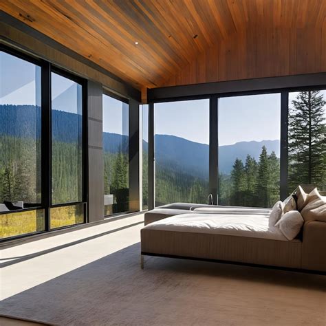 Premium Photo | A bedroom with a large window that has a view of the ...