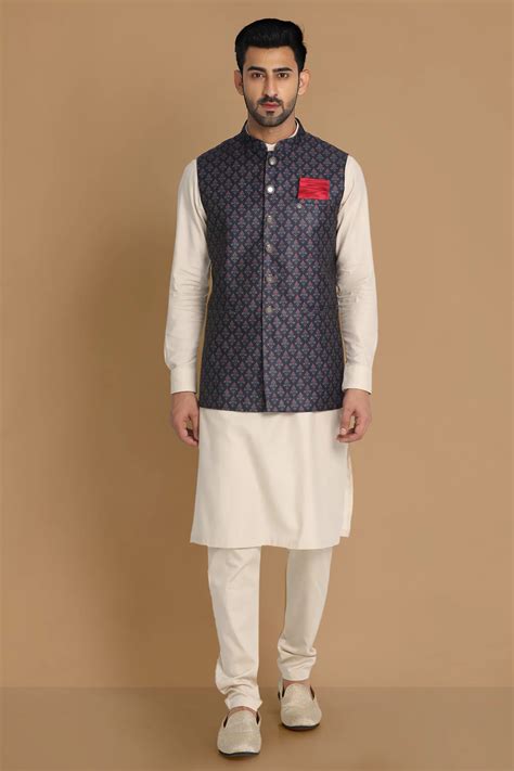 Buy Navy Blue Printed Modi Jacket Online In India Manyavar Nehru