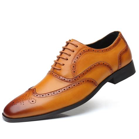 Handmade Men Tan Burnished Brogue Toe Wing Tip Lace Up Oxford Real