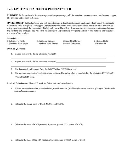 Chem 50 Lab Limiting Reactant Percent Yield Lab LIMITING