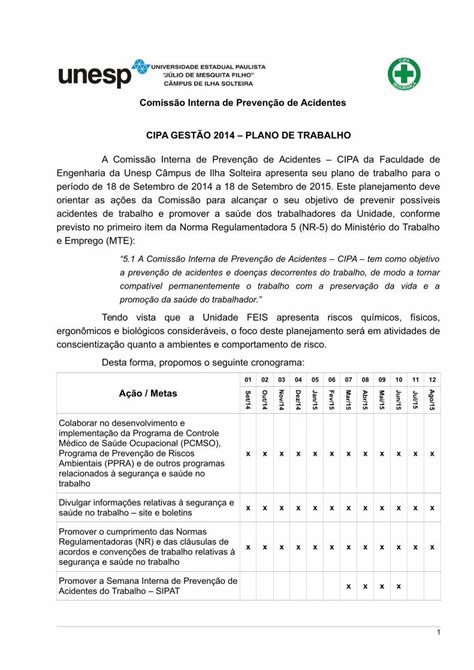 Pdf Plano De Trabalho Da Cipa Feis Unesp Br · Cipa GestÃo 2014