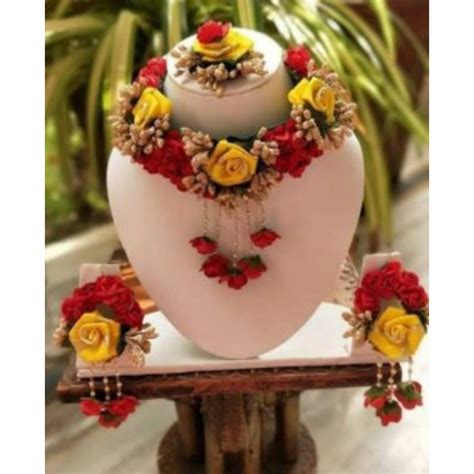 Multicolour Flower Necklace Set For Haldi Ceremony Floral Jewelry