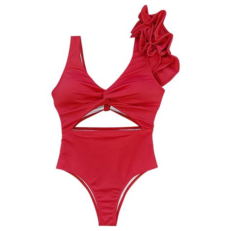 Xinqinghao Women S One Piece Swimsuit Solid Color One Shoulder Ruffle Strap Hollow Back Swimsuit