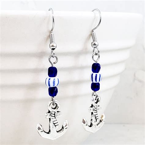 White Blue And Silver Nautical Anchor Dangle Earrings Etsy Etsy