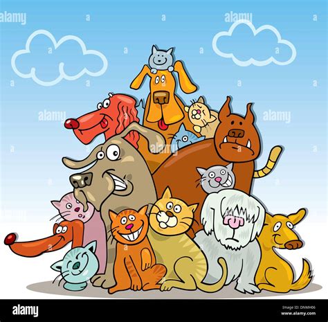 Cartoon illustration of large group of funny cats and dogs Stock Vector ...