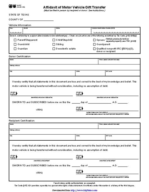 Texas Affidavit Of Motor Vehicle T Transfer Pdfsimpli