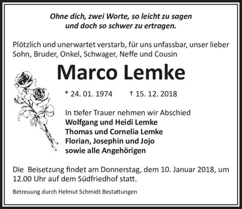 Traueranzeigen Von Marco Lemke Abschied Nehmen De