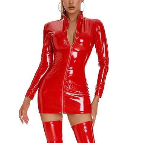 Freebily Mini Robe Moulante Femme Sexy Latex Cuir Verni Brillant Robe