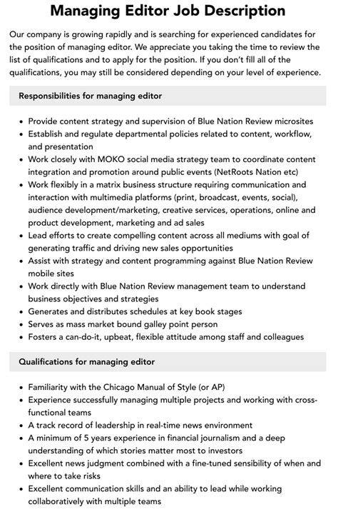 Managing Editor Job Description Velvet Jobs