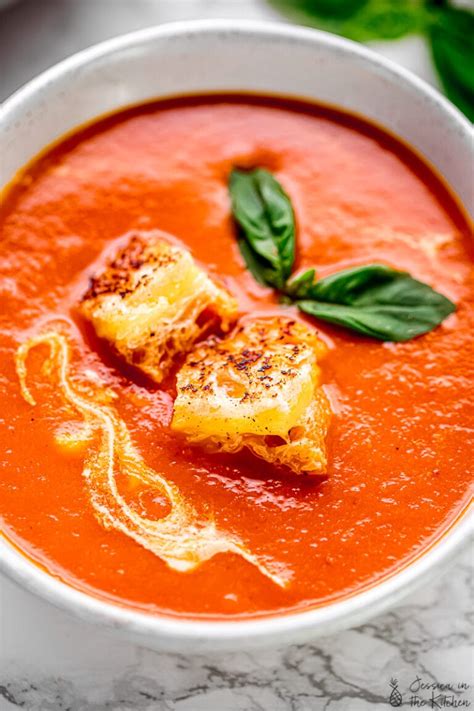 Creamy Tomato Soup With Cheesy Croutons Vegan Jessica In The Kitchen