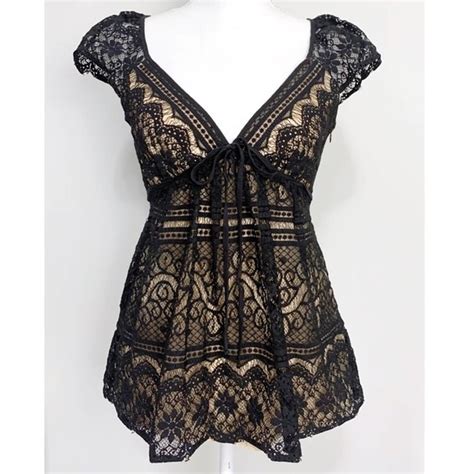 Milly Tops Milly Black Lace Nude Lined Cap Sleeve Babydoll Vneck