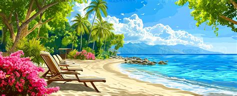 Ai Generated Beach With Lounge Chairs Trees And Palms In The Style Of