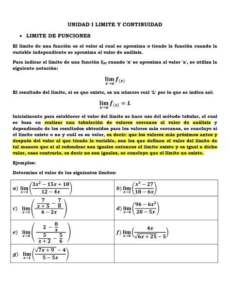 Gui N De Clase Unidad I Limite Y Continuidad Limite De Funciones