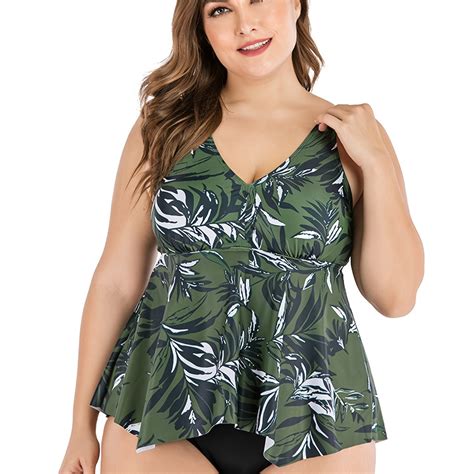 Plus Size Tropical Print Tankini Set Womens Plus Elegant Medium Stretch Cami Tankini Set