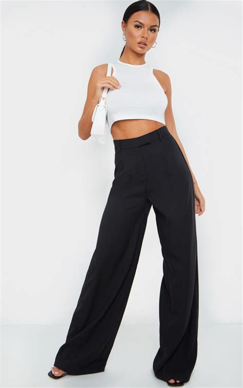 Black Woven Tailored Wide Leg Trousers Bottoms Prettylittlething Ksa