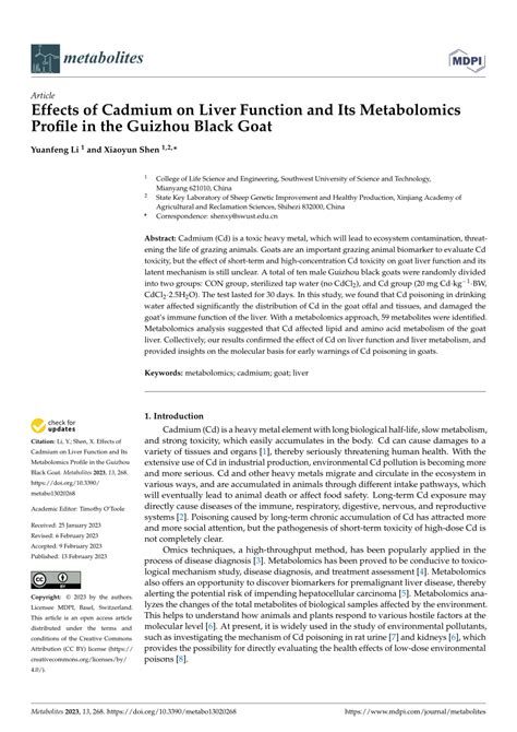 Pdf Effects Of Cadmium On Liver Function And Its Metabolomics Profile