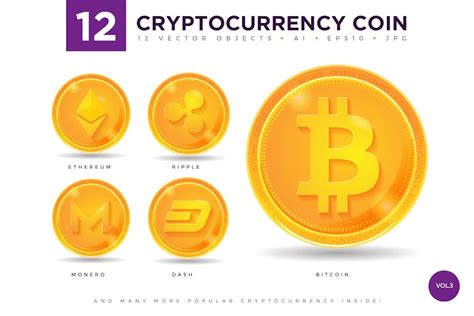 12 Crypto Currency Coin Vector Illustration Set 3 Objects Icons Ft