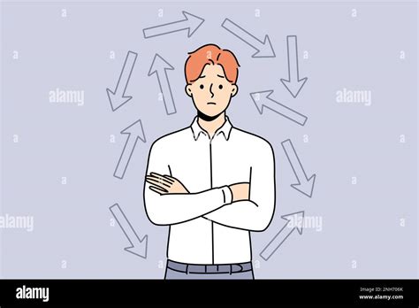 Confused Businessman Surrounded With Numerous Arrows Facing Different