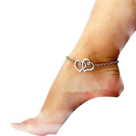 SusenstoneNew Jewelry Double Heart Chain Beach Anklet Bracelet