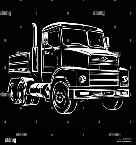 Retro Truck With A Trailer For Cargo Transportation Black And White Vector Image Isolated On