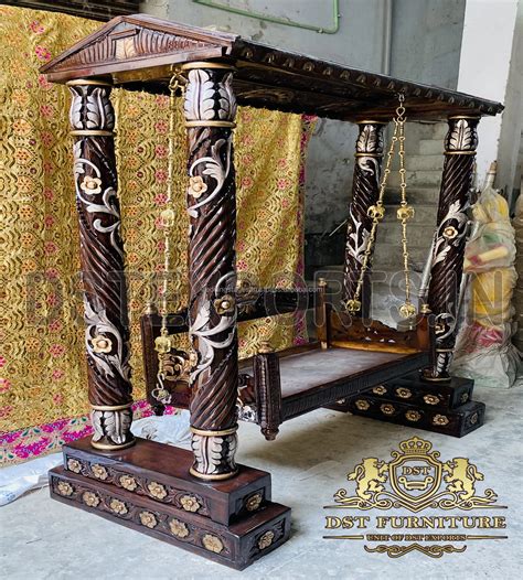 White Gold Teak Wood Jhula For Lobby Online Fully Hand Carved Teak