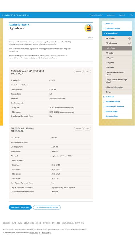 Screenshot: Additional information – Academic history – UC application ...