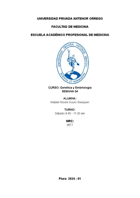 Informe De Genetica Y Embriologia Semana 1 Y 2 UNIVERSIDAD PRIVADA