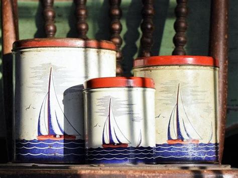 Vintage Sailboats Tin Litho Canister Set Red White And Blue Nautical