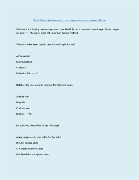 Stott Pilates Written With Correct Questions And Answers Exam Exams