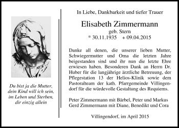 Traueranzeigen Von Elisabeth Zimmermann Schwarzw Lder Bote Trauer