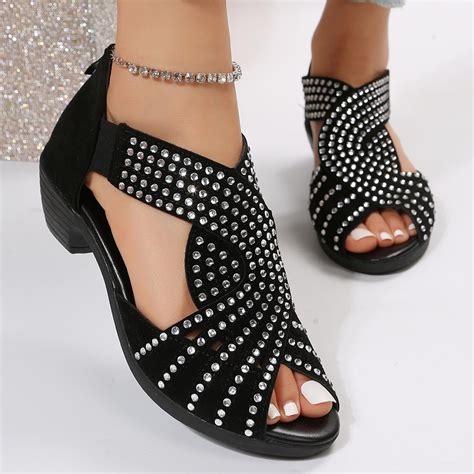 Hvyesh Womens Chunky Heel Sandals Dressy Summer Pump Toe Sandals Comfortable Rhinestone Wedding